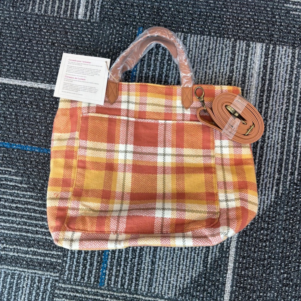 NWT Thirty-One Crossbody Tote Bag Orange Yellow Harvest Plaid
